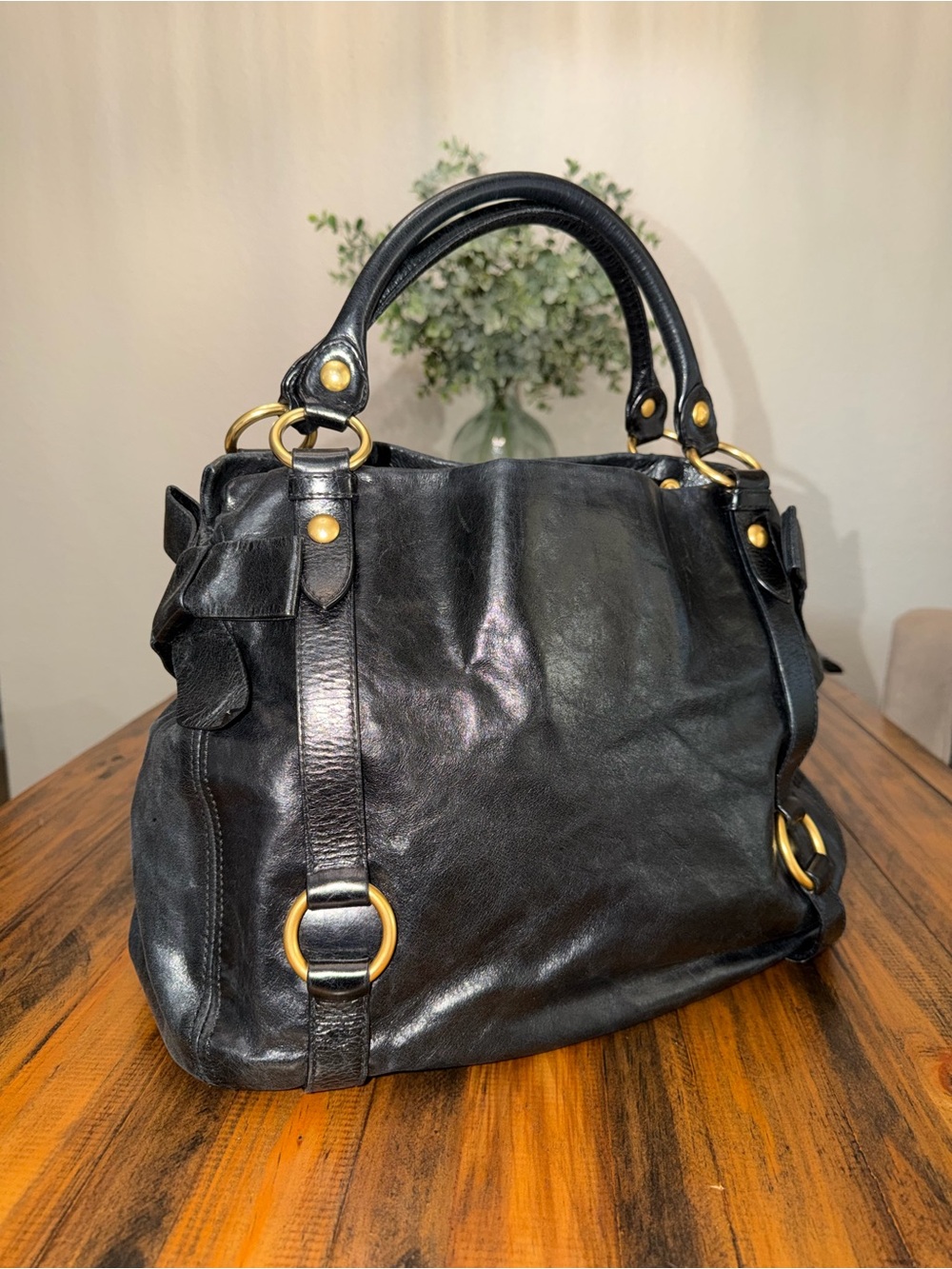 MIU MIU Vitello Lux Black Leather Tote with Gold Hardware